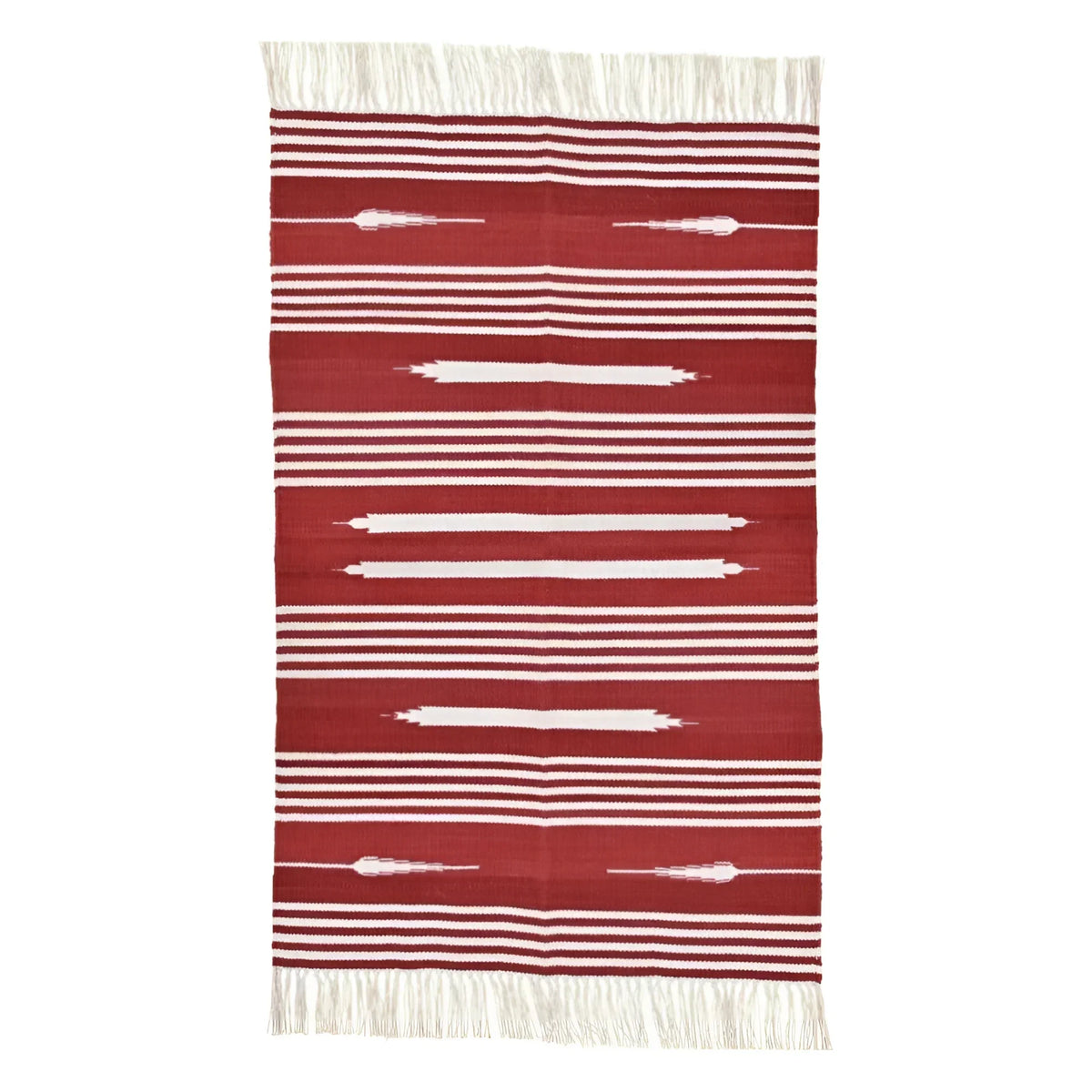 Handwoven Red and White Patterned Cotton Rug with Fringes