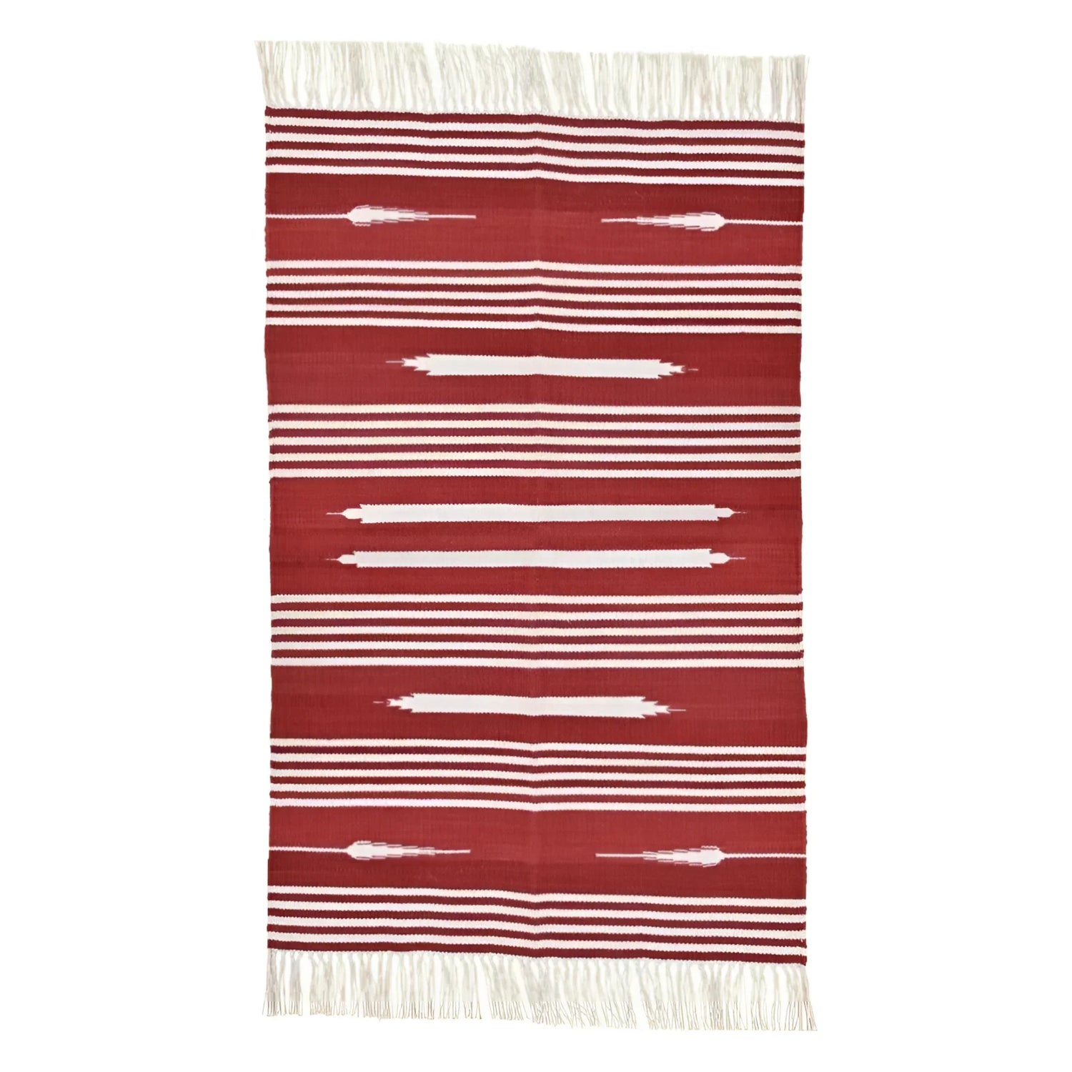 Handwoven Red and White Patterned Cotton Rug with Fringes