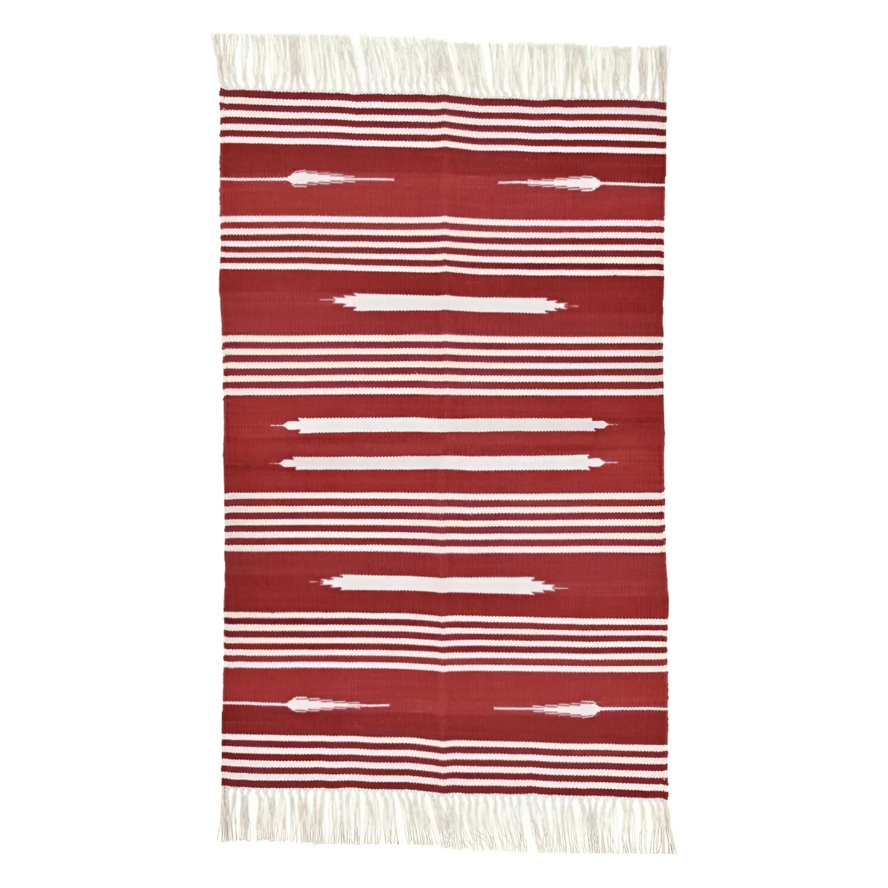 Handwoven Red and White Patterned Cotton Rug with Fringes