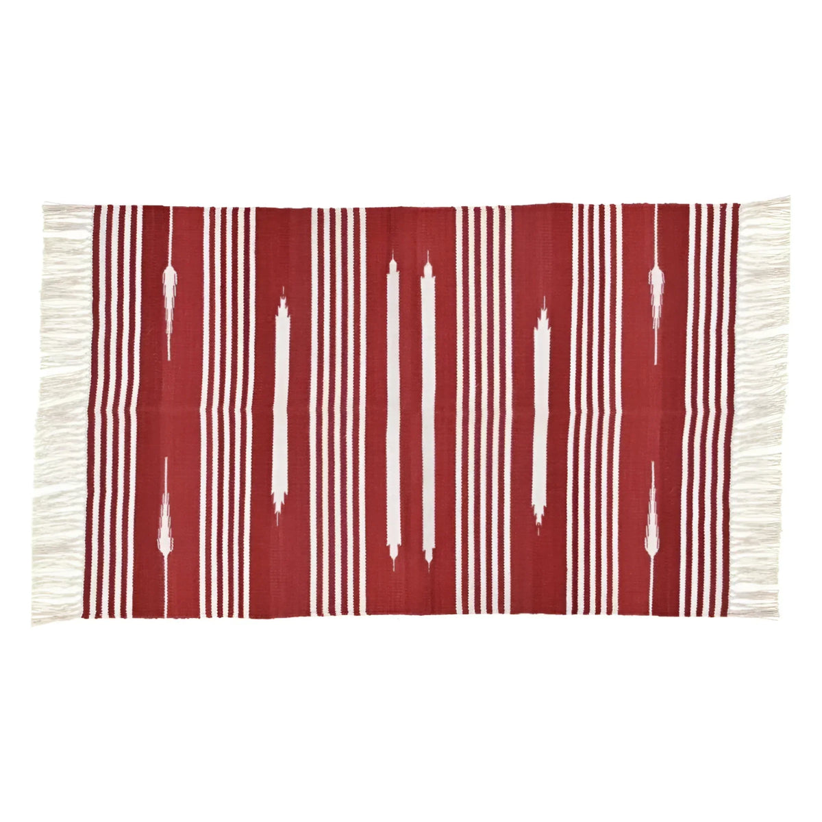 Handwoven Red and White Patterned Cotton Rug with Fringes