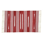 Handwoven Red and White Patterned Cotton Rug with Fringes