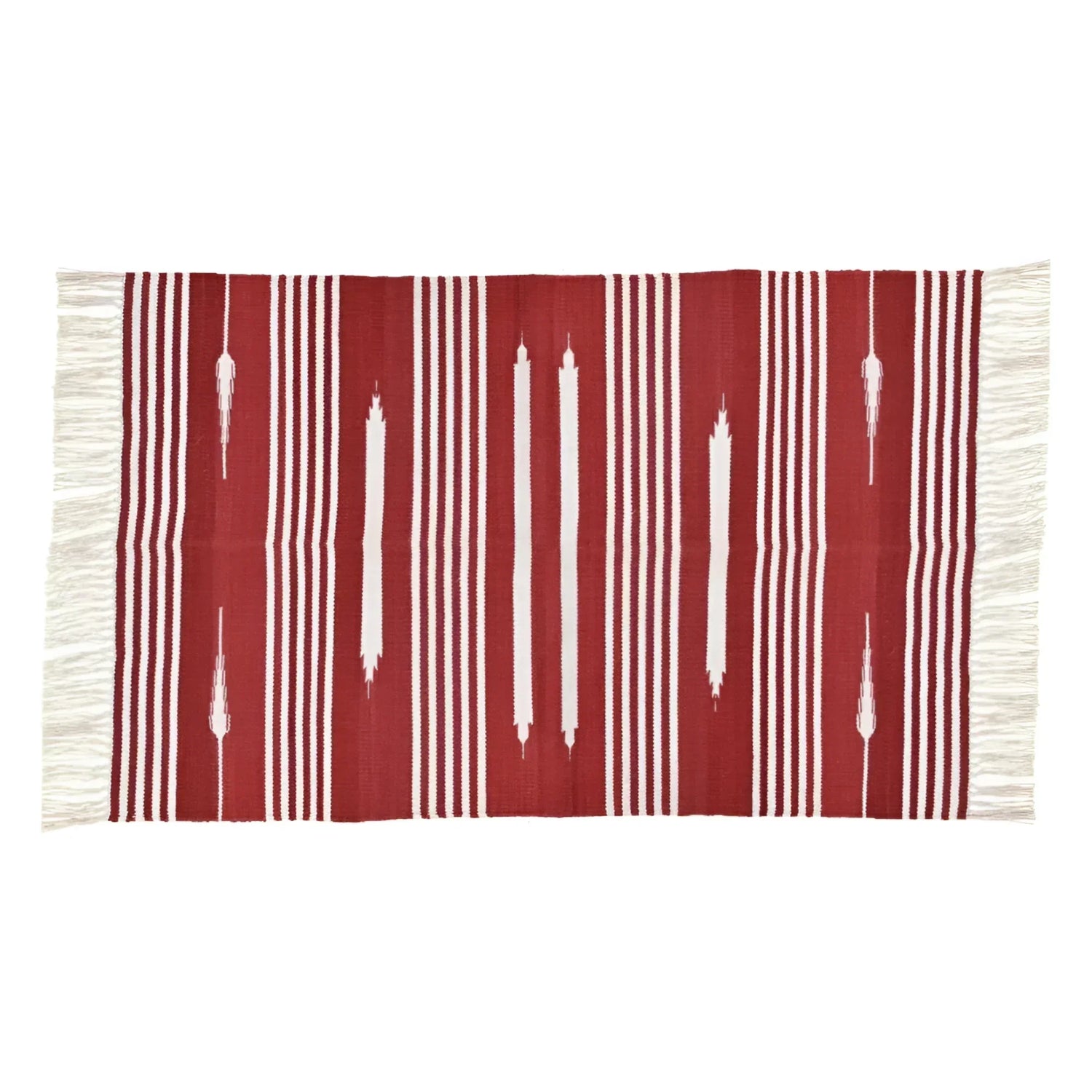 Handwoven Red and White Patterned Cotton Rug with Fringes