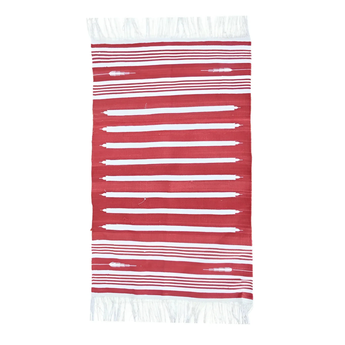 Handwoven Red and White Stripe Minimalistic Cotton Rug with Fringes