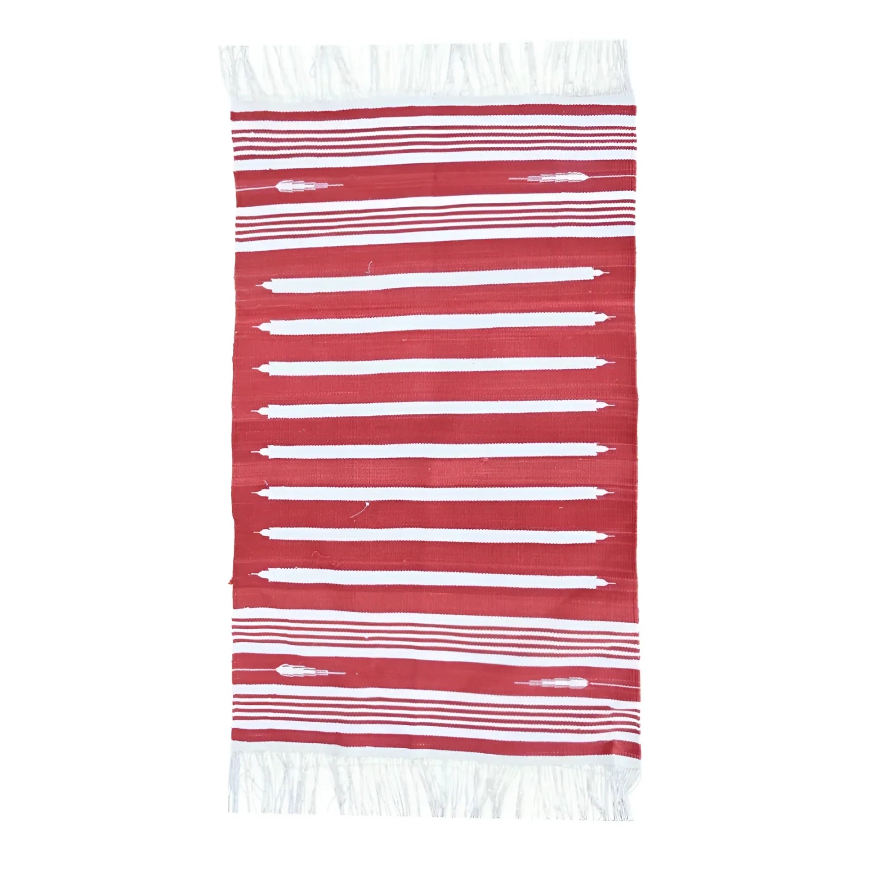 Handwoven Red and White Stripe Minimalistic Cotton Rug with Fringes
