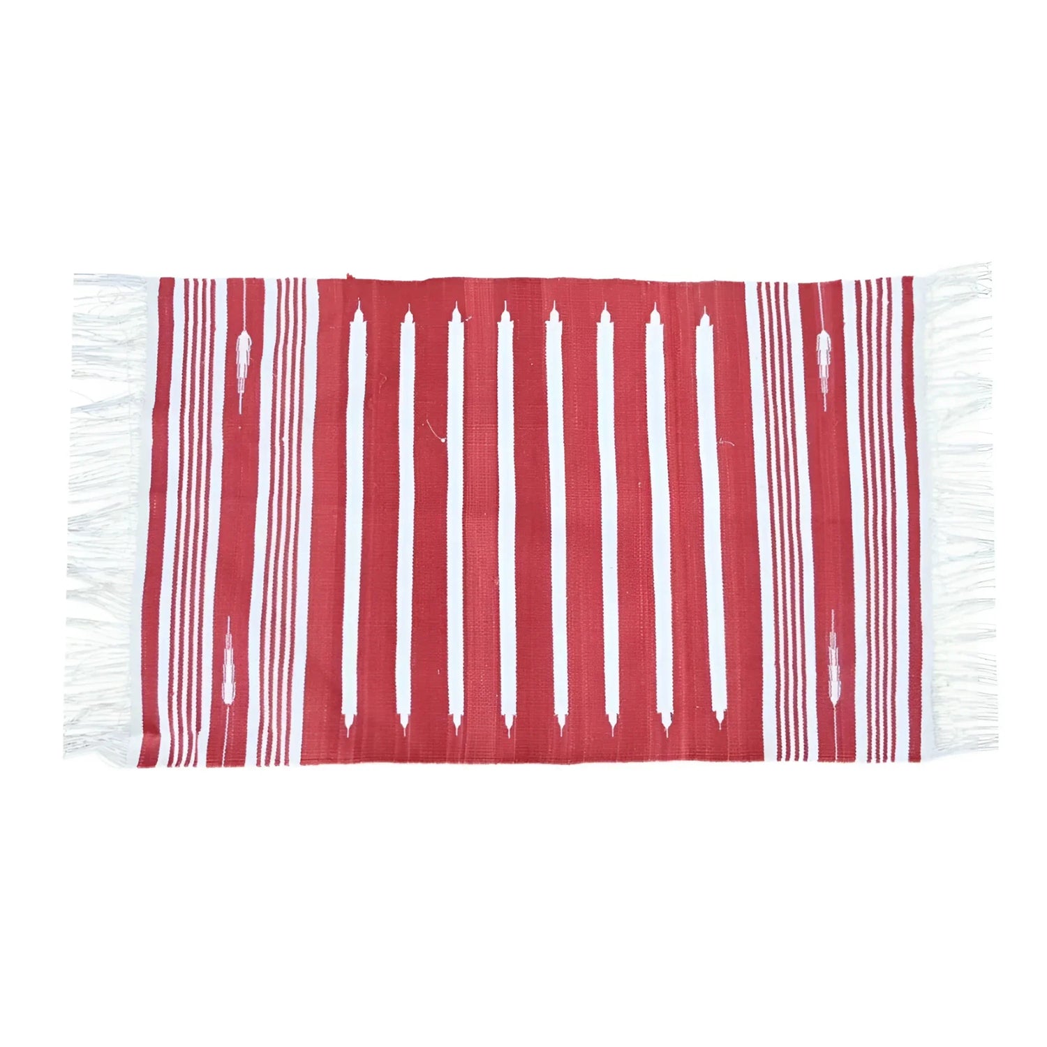 Handwoven Red and White Stripe Minimalistic Cotton Rug with Fringes