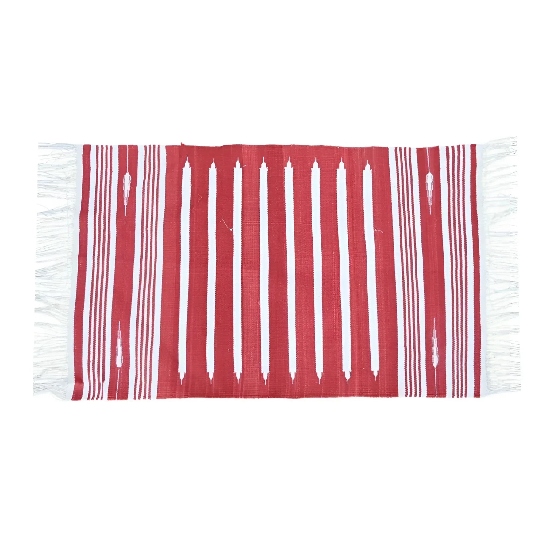 Handwoven Red and White Stripe Minimalistic Cotton Rug with Fringes
