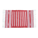A beautifully handwoven red and white striped cotton area rug featuring elegant fringes on the edges. This minimalistic boho rug is perfect for adding a touch of charm to your bedroom or formal dining room. The rug's classic design makes it a versatile choice for dining room area rugs, enhancing the warmth and comfort of any space.