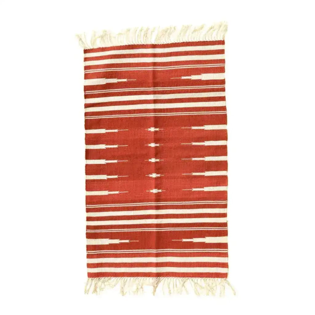 Handwoven area rug featuring a striking red and white stripe pattern with fringed edges. This cotton rug adds a touch of boho style to large living rooms, making it an ideal choice for enhancing living room decor.