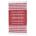 Beautiful handwoven red and white stripe traditional cotton area rug with fringes, ideal for dining rooms or as a formal dining room rug. This boho rug adds a charming touch to living room spaces, available in 8x10 size.