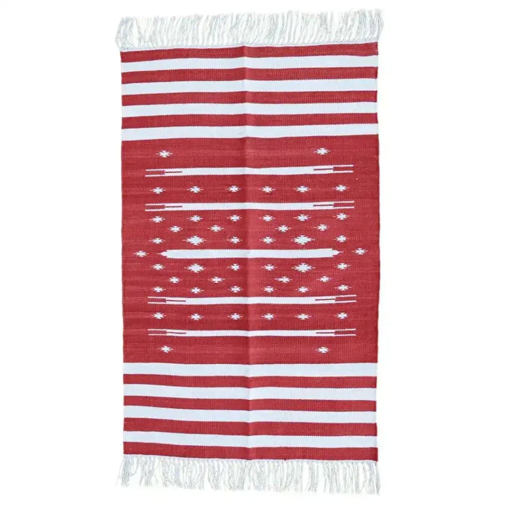 Beautiful handwoven red and white stripe traditional cotton area rug with fringes, ideal for dining rooms or as a formal dining room rug. This boho rug adds a charming touch to living room spaces, available in 8x10 size.