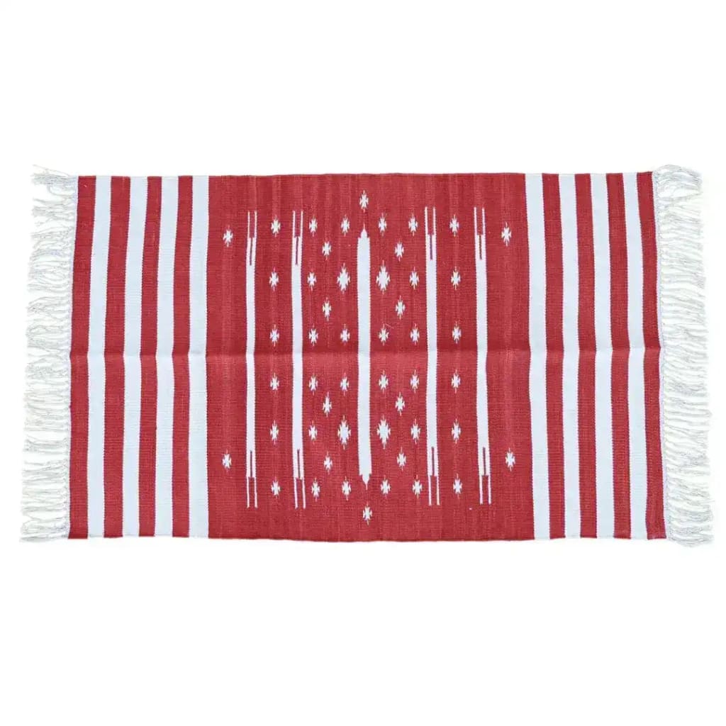 A handwoven red and white stripe traditional cotton area rug with fringes, perfect for adding a boho touch to your dining room or living room. The intricate design and vibrant colors make it an ideal choice for formal dining room rugs or living room rugs 8x10.
