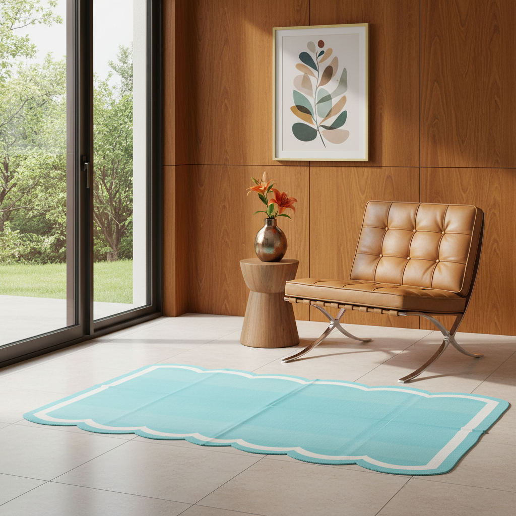 Handwoven Reversible Cotton Scalloped Rug - Blue