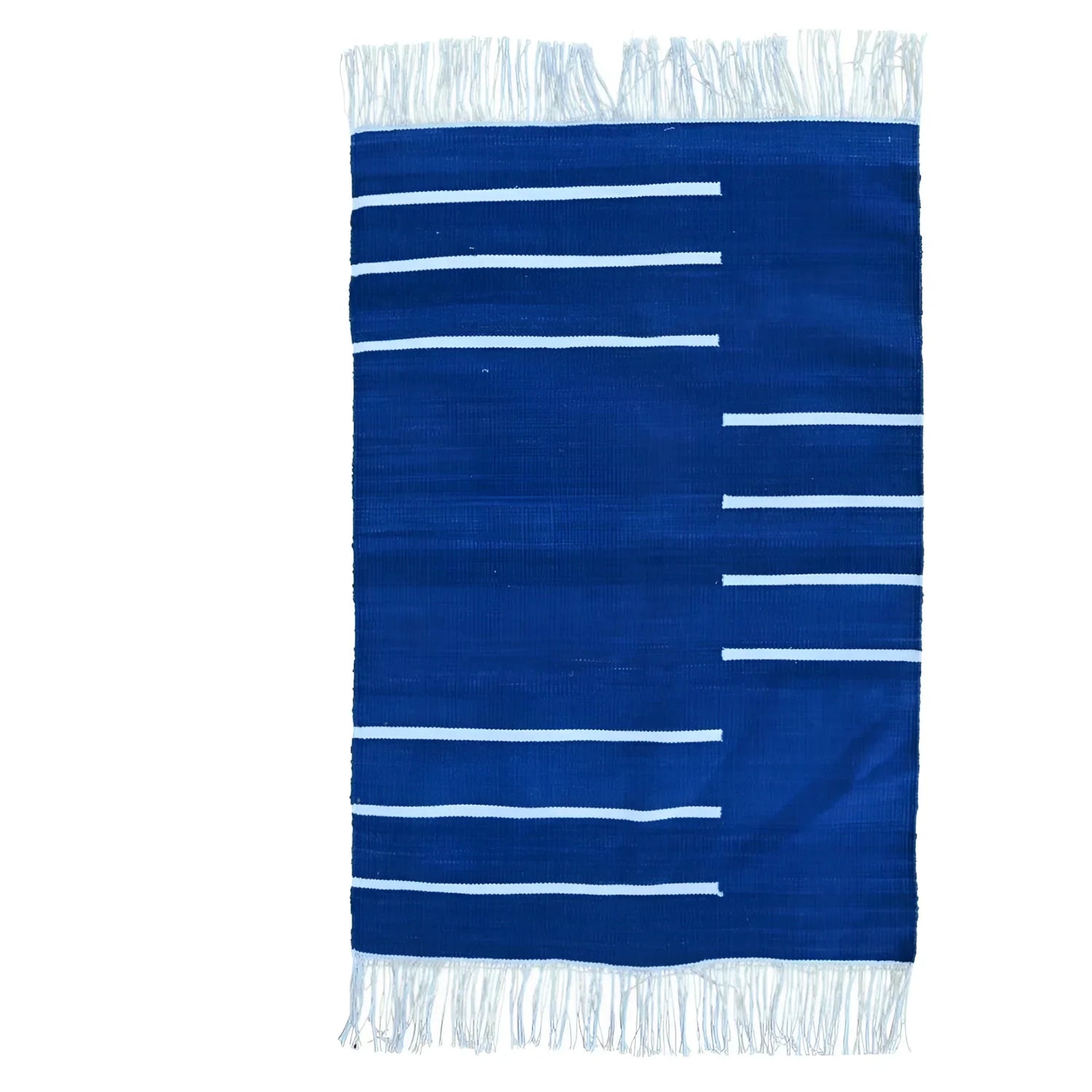 Handwoven Royal Blue and White Minimalistic Cotton Rug with Fringes
