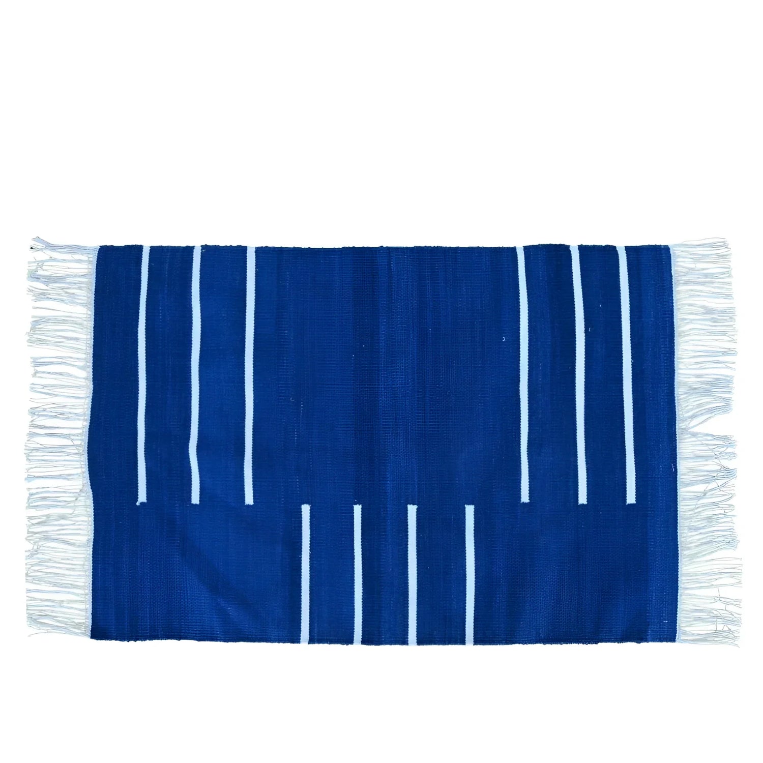 Handwoven Royal Blue and White Minimalistic Cotton Rug with Fringes