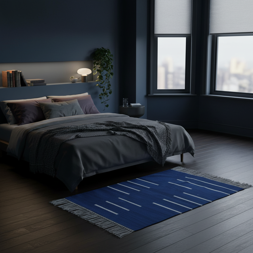 Alfombra de algodón minimalista tejida a mano en azul royal y blanco con flecos