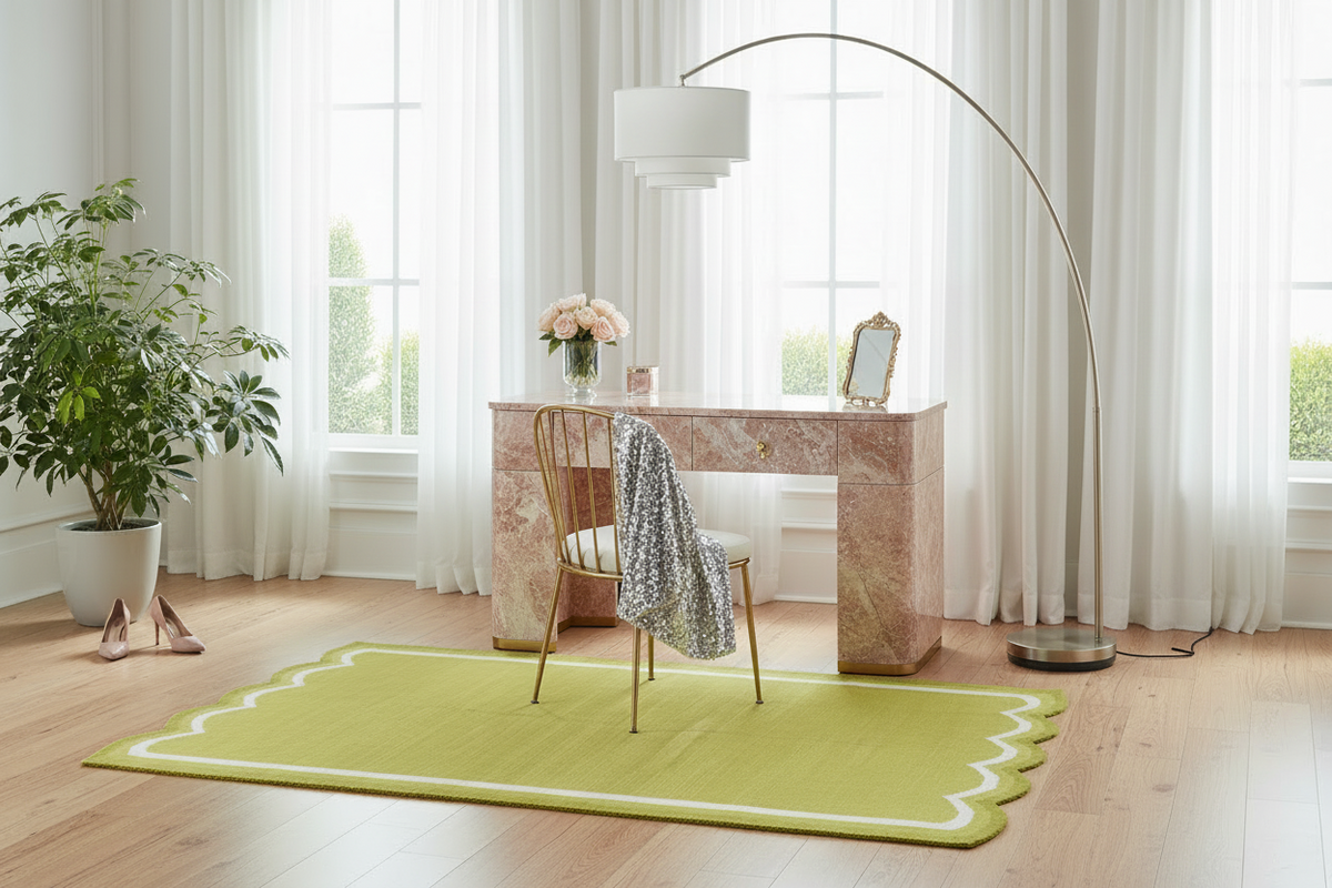 Modern home office with a desk, chair, and green rug.