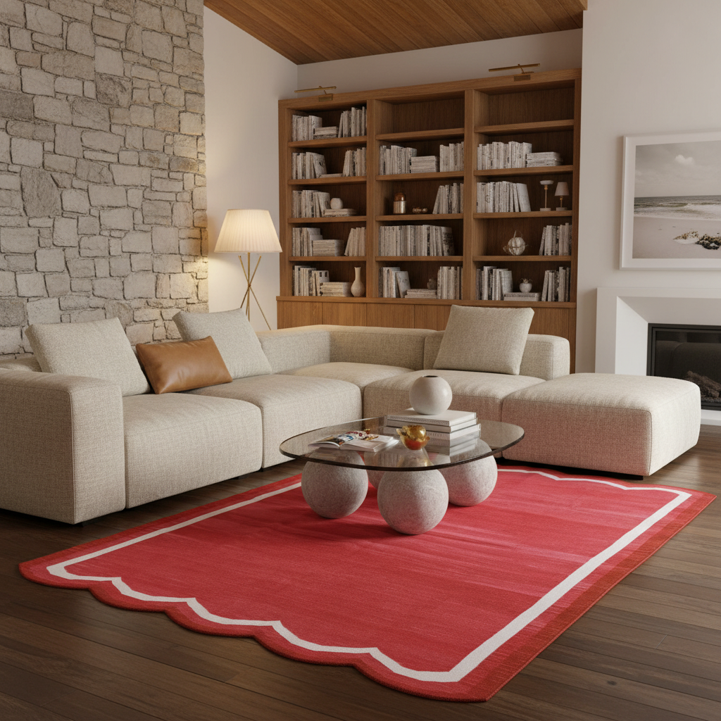 Handwoven Scalloped Cotton Rug - Red