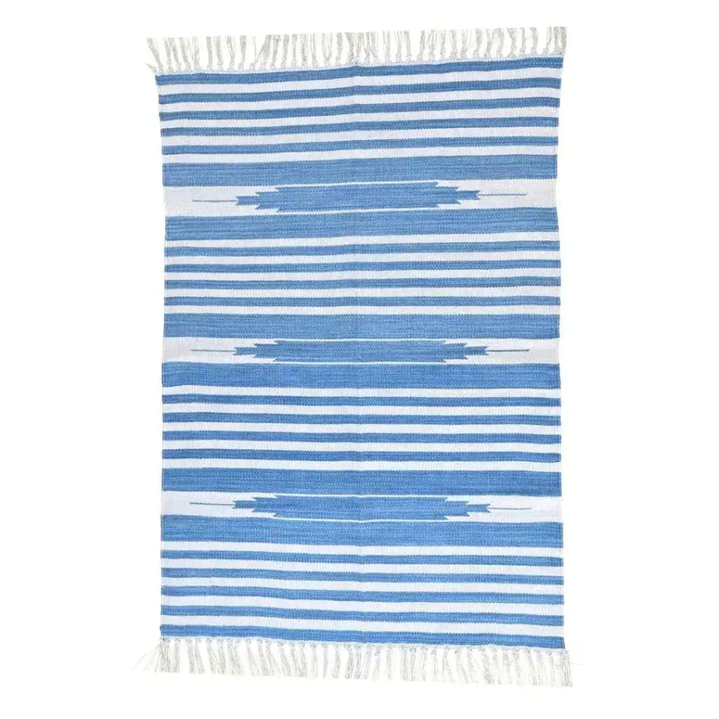 Handwoven sky blue and white stripe cotton area rug with fringes, perfect for adding a boho touch to your dining room. This stylish cotton rug features horizontal stripes and is ideal for those seeking dining room area rugs.