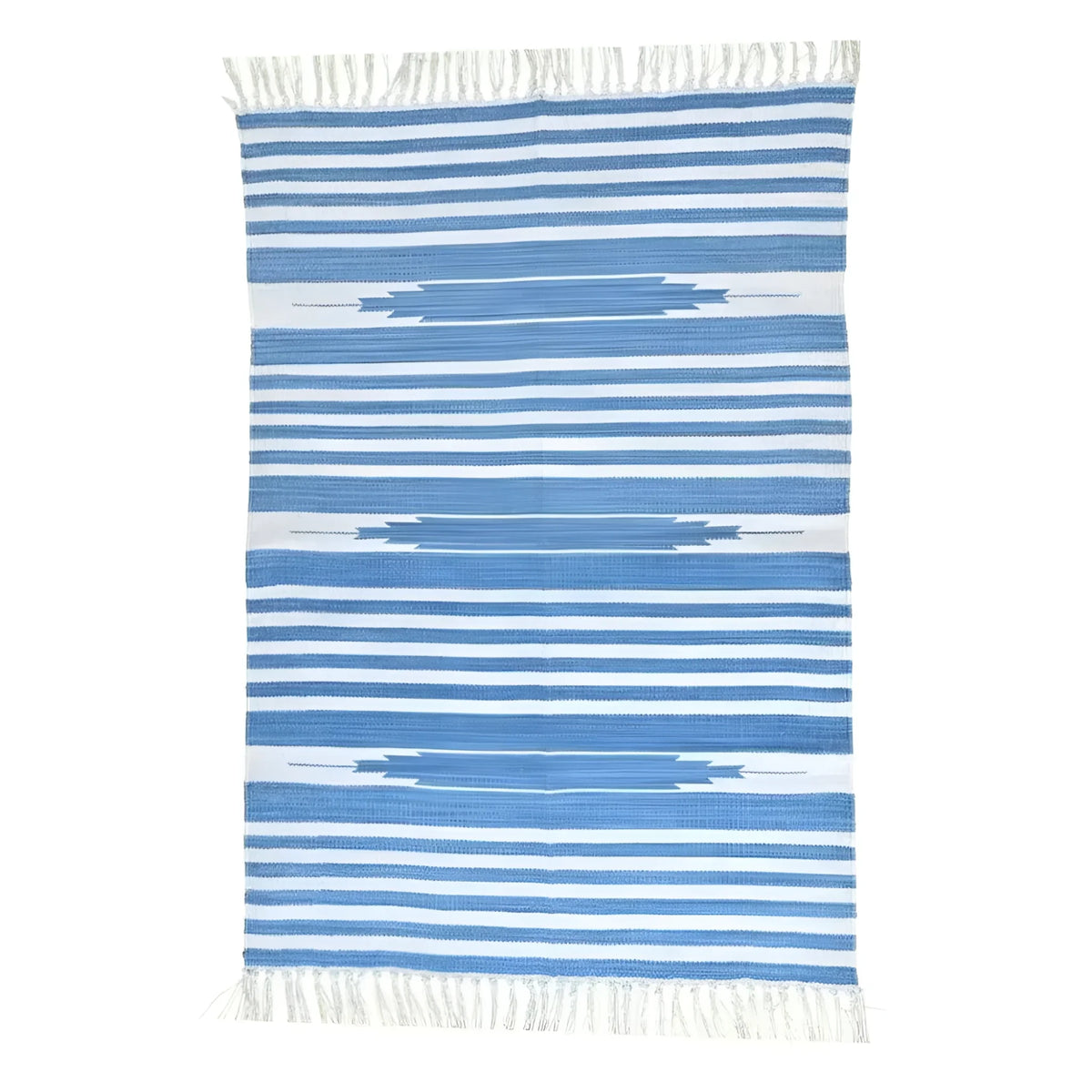 Handwoven sky blue and white stripe cotton area rug with fringes, perfect for adding a boho touch to your dining room. This stylish cotton rug features horizontal stripes and is ideal for those seeking dining room area rugs.