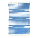 Handwoven sky blue and white stripe cotton area rug with fringes, perfect for adding a boho touch to your dining room. This stylish cotton rug features horizontal stripes and is ideal for those seeking dining room area rugs.