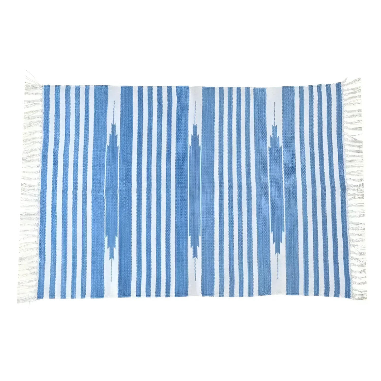 Handwoven sky blue and white stripe cotton area rug with fringes, perfect for adding a boho touch to dining room decor.