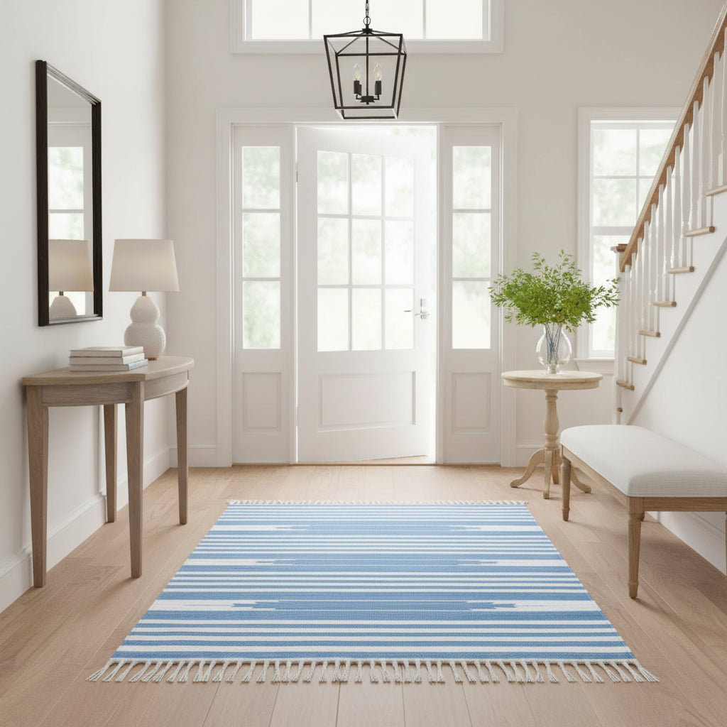 Handwoven Sky Blue and White Stripe Cotton Rug with Fringes