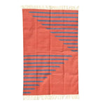 Handwoven tangerine and blue stripe cotton area rug with fringes, ideal for a boho living room. Perfect as a stylish addition to area rugs for living rooms, this cotton rug showcases a vibrant pattern that enhances any space.