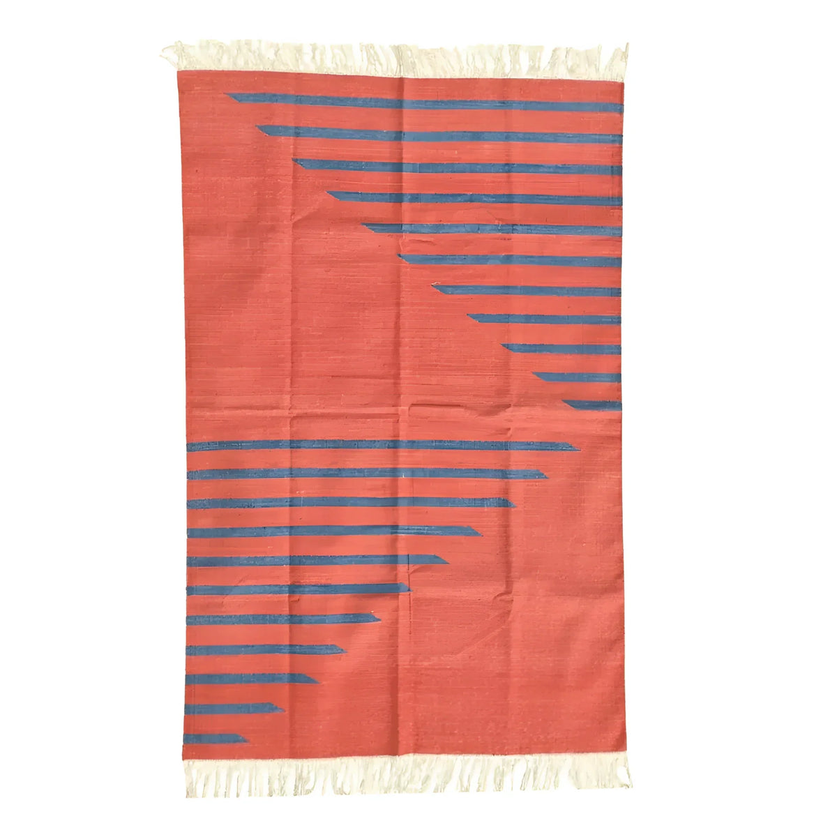 Handwoven Tagerine Blue Stripe Cotton Rug with Fringes