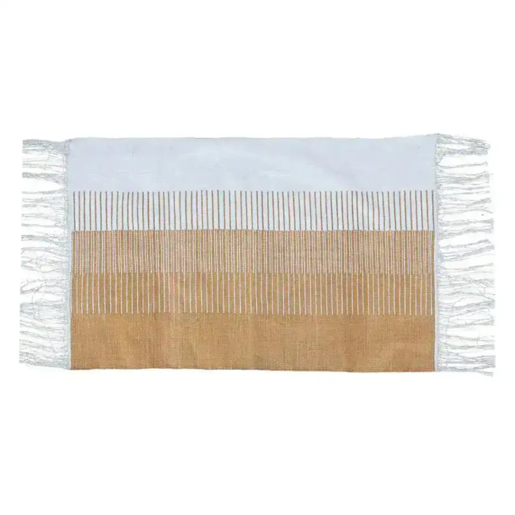 Handwoven Tumeric Ombre Cotton Rug with Fringes featuring a gradient design from white to tumeric, perfect as an area rug for living rooms or bedrooms. This boho rug style adds a cozy touch to any large living room setting with its soft cotton texture and decorative fringes.