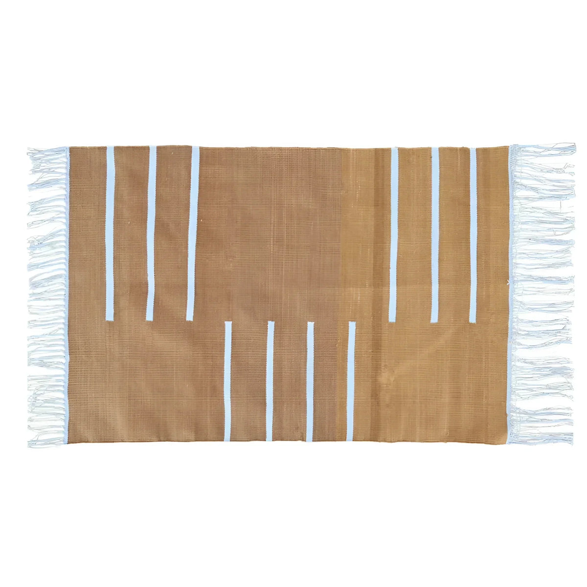 Handwoven Turmeric and White Minimalistic Cotton Rug with Fringes
