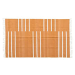 A handwoven turmeric and white cotton area rug featuring minimalistic stripes and fringes. Perfect for adding a touch of boho style to your bedroom or living room, this 8x10 rug brings warmth and texture to any space.