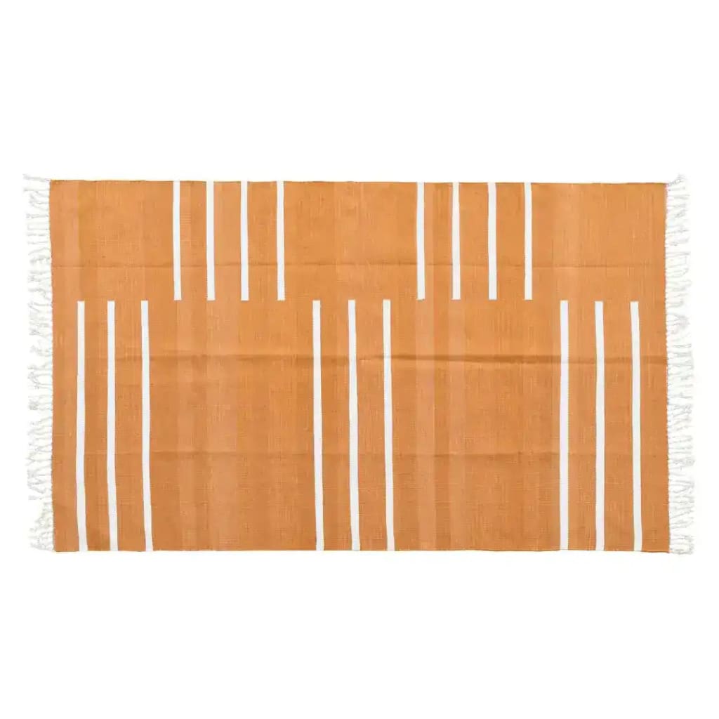 A handwoven turmeric and white cotton area rug featuring minimalistic stripes and fringes. Perfect for adding a touch of boho style to your bedroom or living room, this 8x10 rug brings warmth and texture to any space.