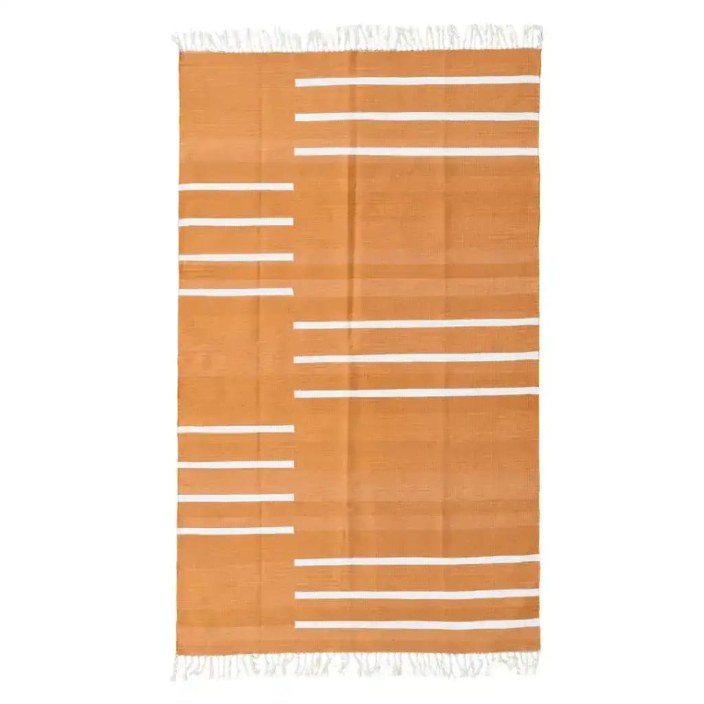 Handwoven Turmeric and White Minimalistic Stripe Cotton Area Rug with Fringes, perfect for adding a boho touch to your bedroom or living room. This 8x10 rug features a stylish stripe design, ideal for cozy spaces.