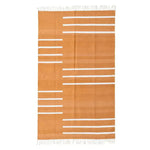 Handwoven Turmeric and White Minimalistic Stripe Cotton Area Rug with Fringes, perfect for adding a boho touch to your bedroom or living room. This 8x10 rug features a stylish stripe design, ideal for cozy spaces.