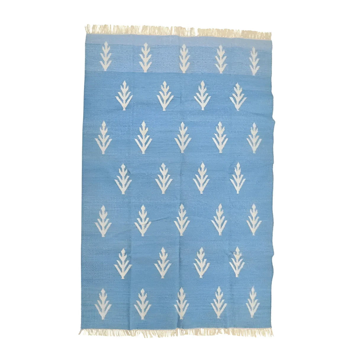 Handwoven White Floral Blue Cotton Rug with Fringes
