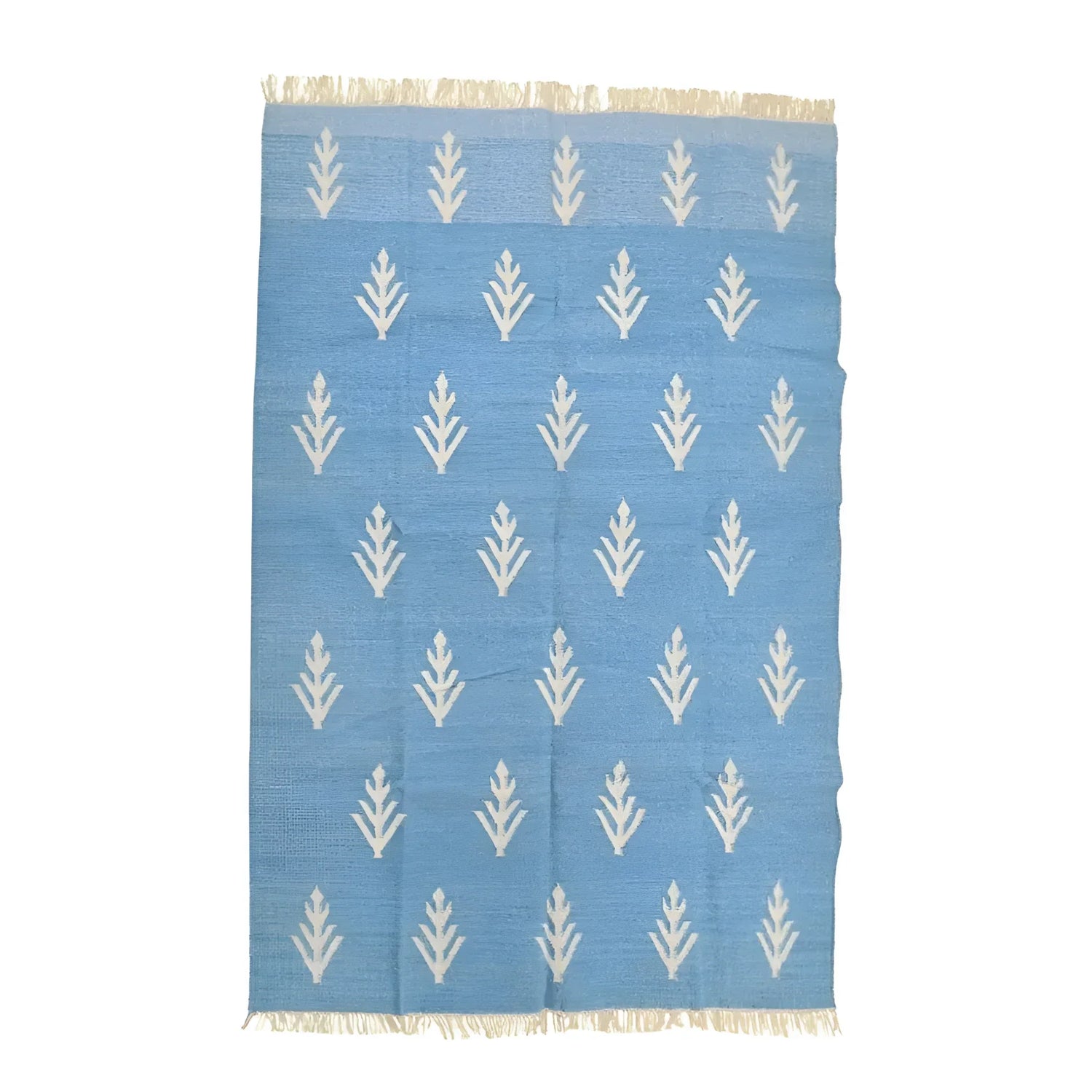 Handwoven White Floral Blue Cotton Rug with Fringes