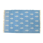Handwoven White Floral Blue Cotton Rug with Fringes