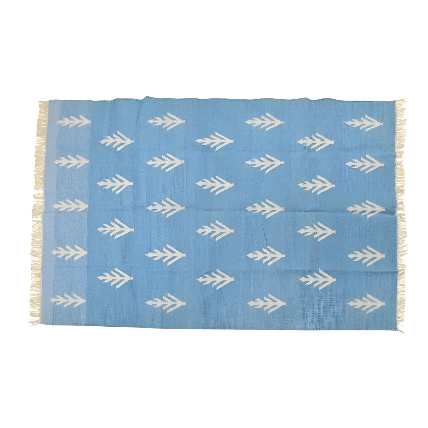 Handwoven White Floral Blue Cotton Rug with Fringes