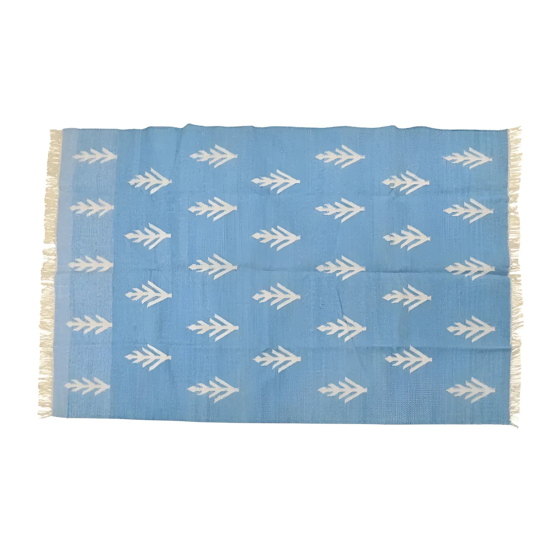 Handwoven White Floral Blue Cotton Rug with Fringes