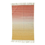 A beautifully handwoven yellow and orange ombre cotton area rug with fringes, perfect for adding a boho touch to your living room or dining room. The vibrant gradient design transitions smoothly from warm orange to sunny yellow, making it ideal for formal dining room settings or cozy living spaces.