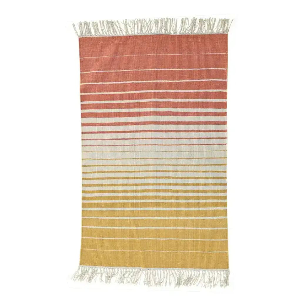 A beautifully handwoven yellow and orange ombre cotton area rug with fringes, perfect for adding a boho touch to your living room or dining room. The vibrant gradient design transitions smoothly from warm orange to sunny yellow, making it ideal for formal dining room settings or cozy living spaces.