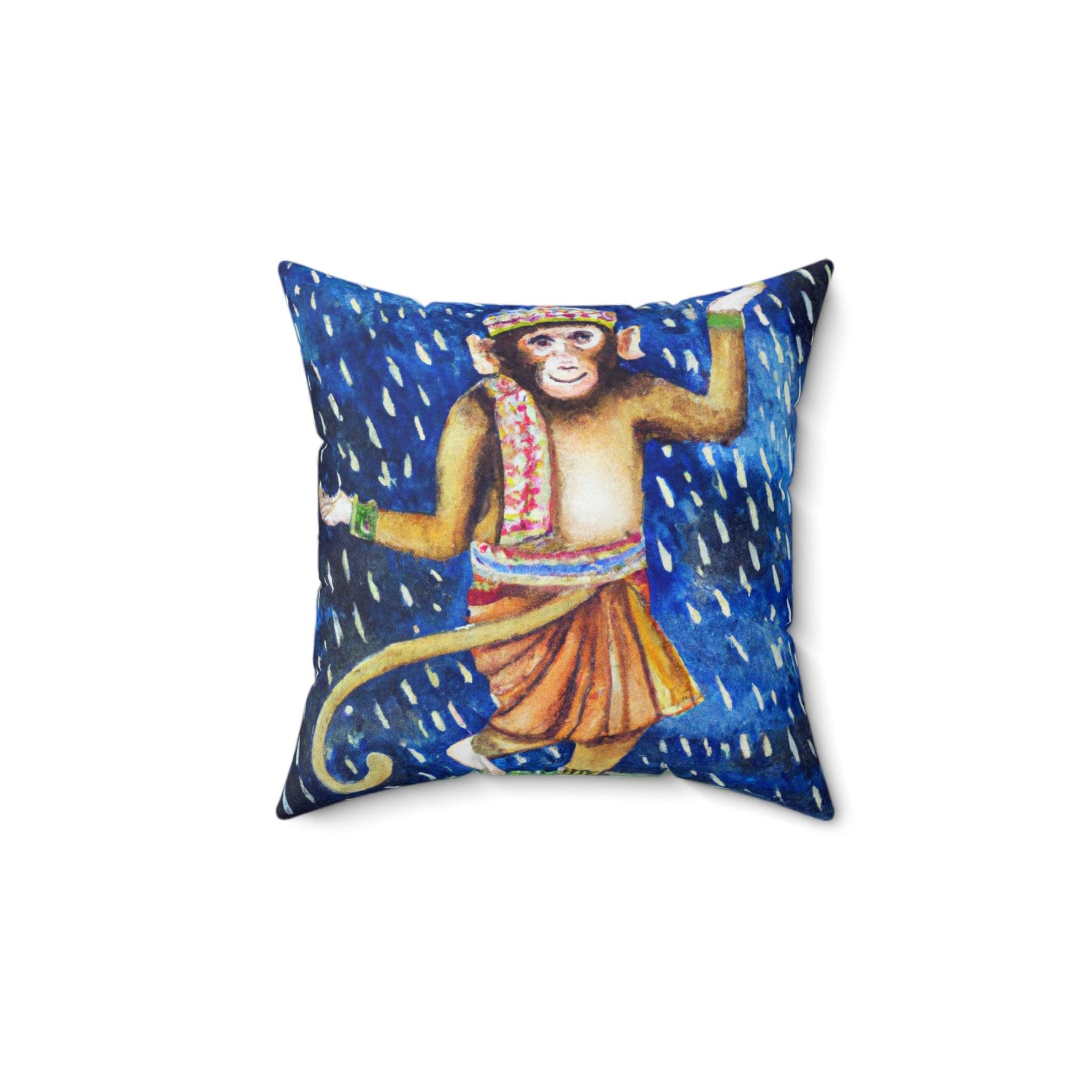 Hanuman Monkey Dancing in the Night Rain Printed Throw Pillow 14" × 14"