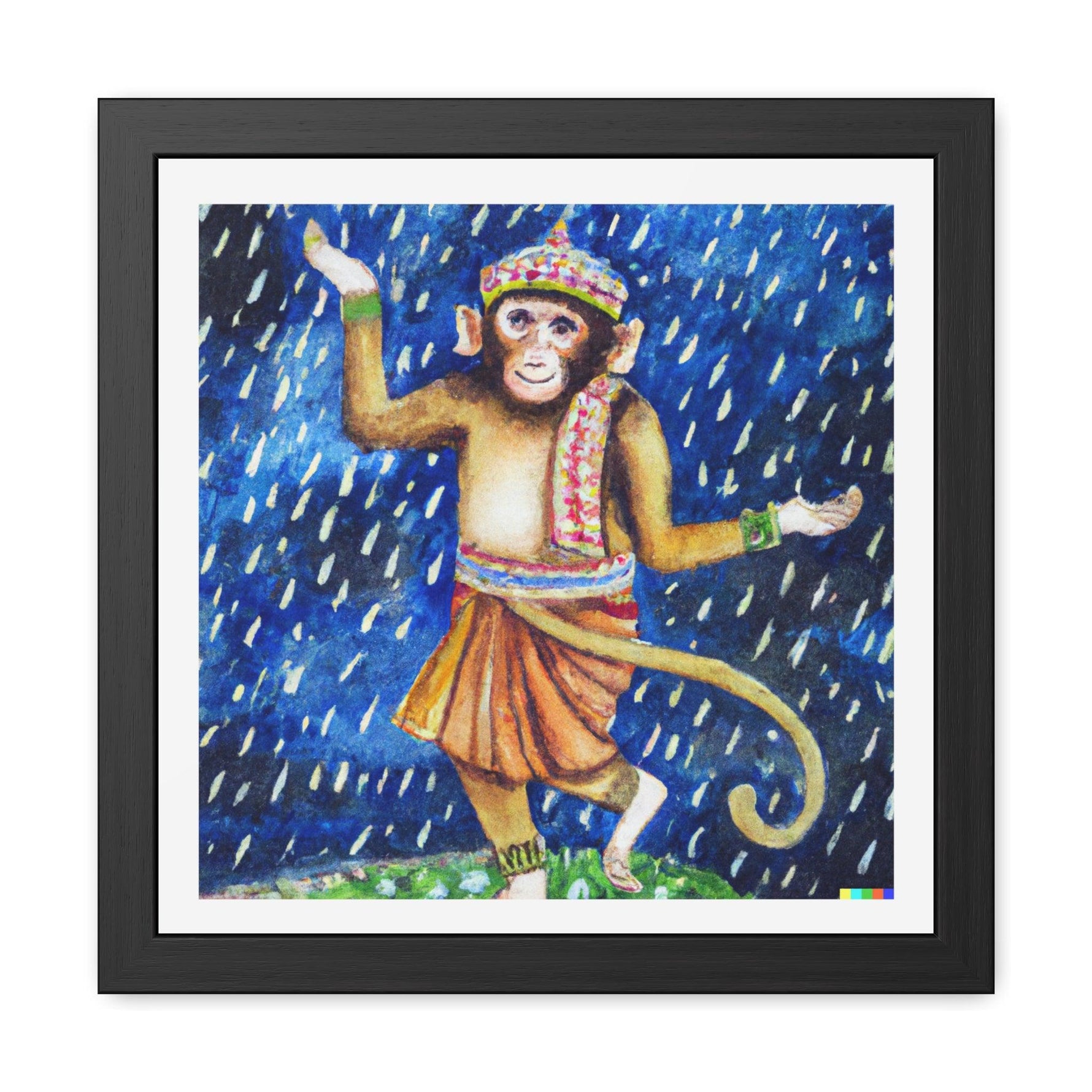 Hanuman Monkey Enjoying Night Rain Framed Poster Wall Art 16″ x 16″ (Square) Semi Glossy