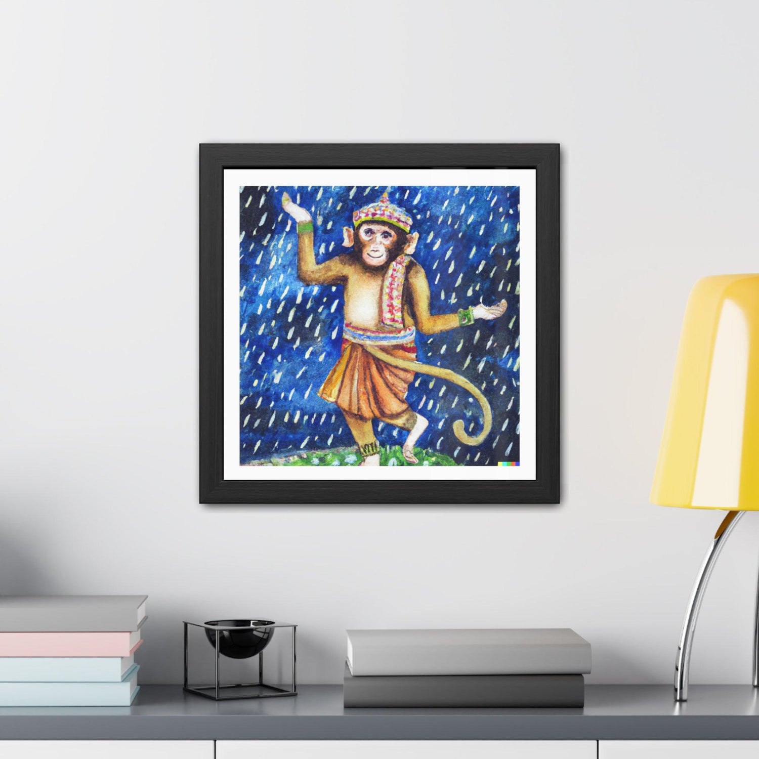 Hanuman Monkey Enjoying Night Rain Framed Poster Wall Art