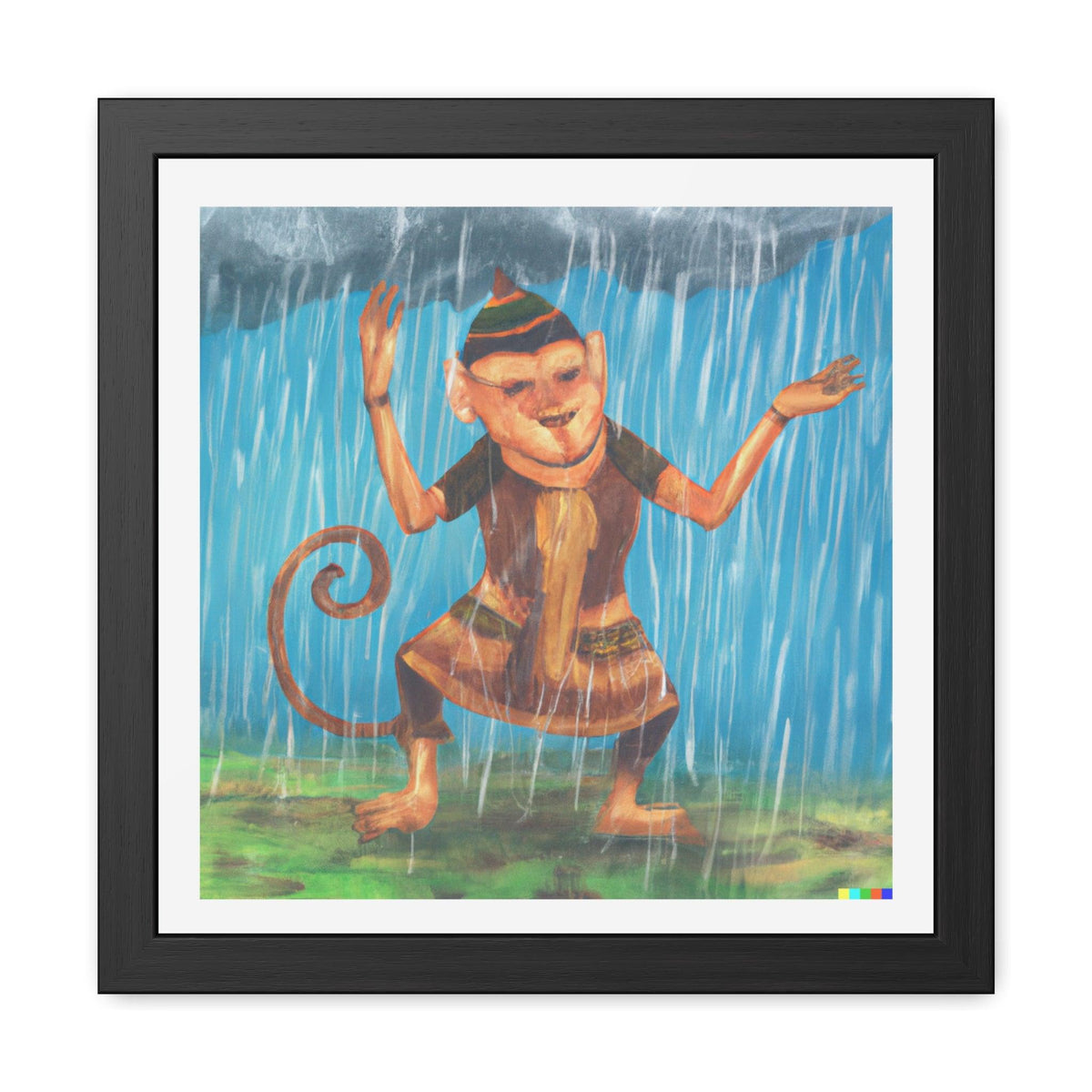 Hanuman Monkey Enjoying Rain Framed Poster Wall Art 16″ x 16″ (Square) Semi Glossy