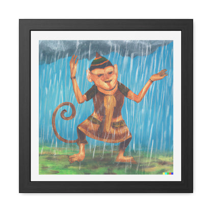 Hanuman Monkey Enjoying Rain Framed Poster Wall Art 16″ x 16″ (Square) Semi Glossy