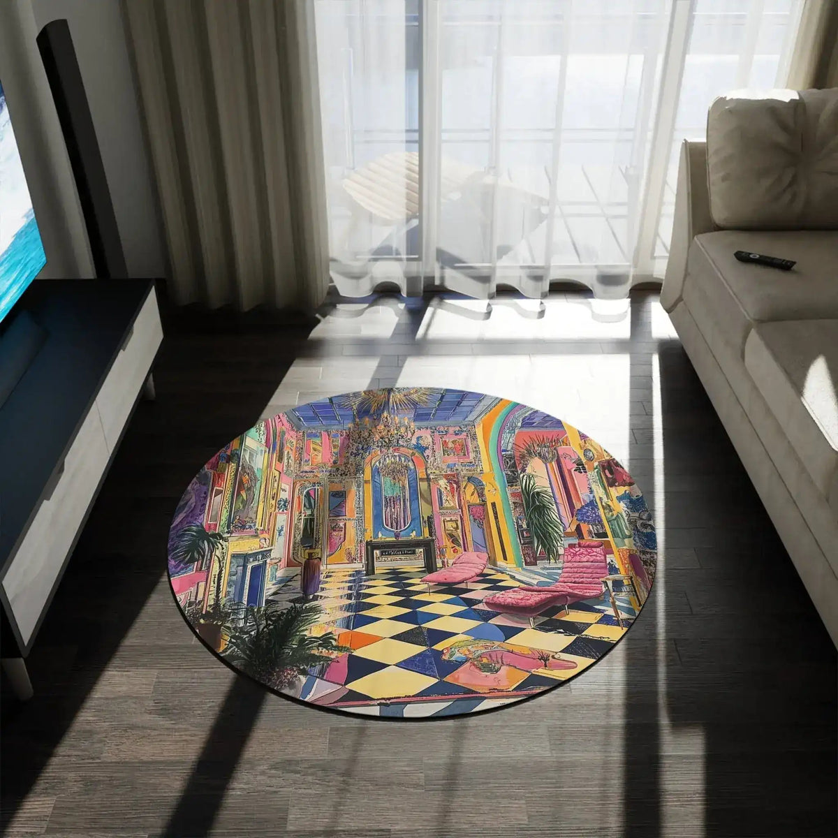 Harlequin Hype Checkered Floor Round Rug with vivid maximalist checkerboard pattern on dark wood floor next to TV unit