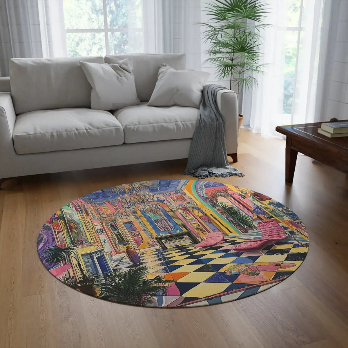 Harlequin Hype Checkered Floor Round Rug with bold maximalist baroque checkerboard interior print in bright living room on hardwood floor