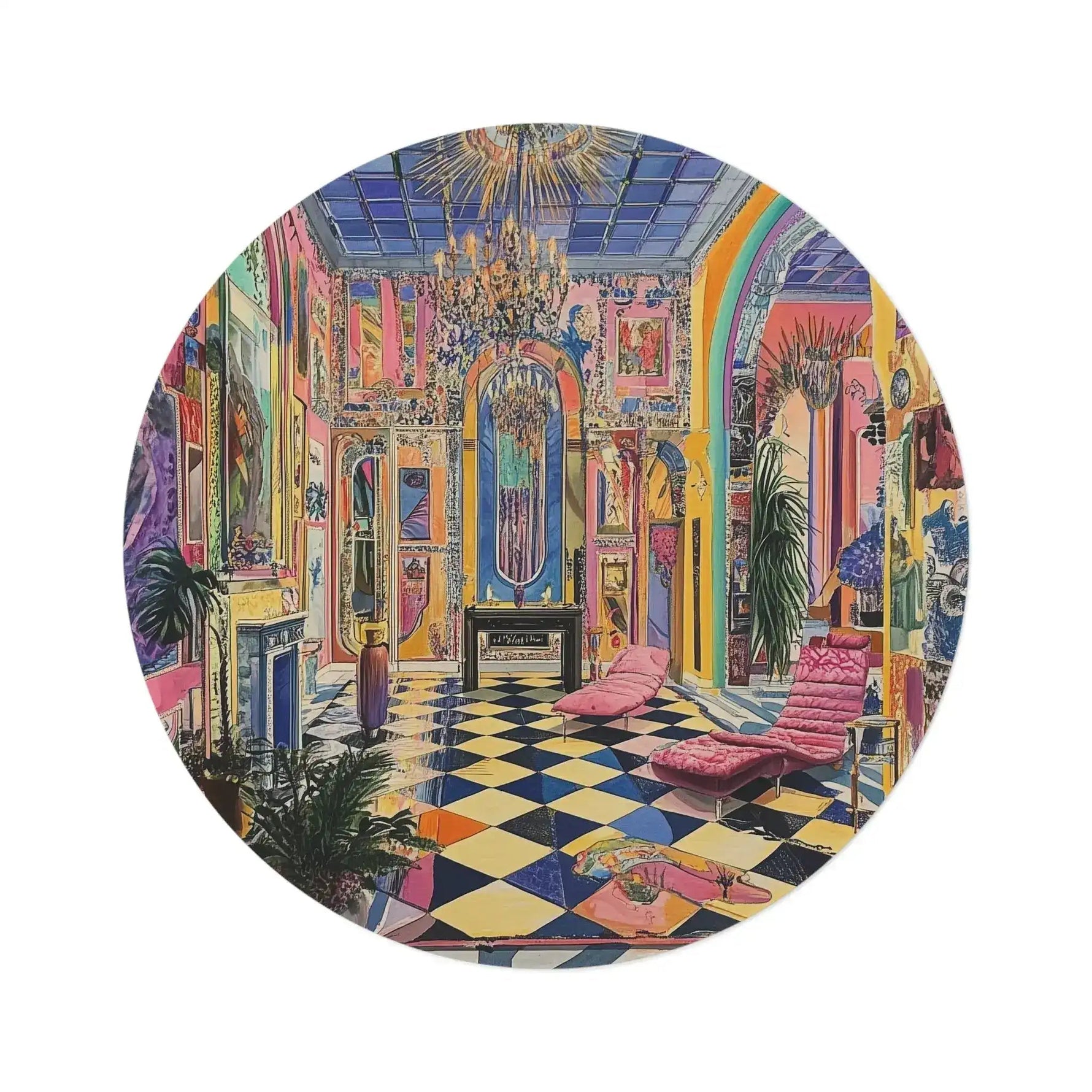 Round rug with vibrant maximalist painted baroque interior scene featuring checkerboard floor in pink blue and yellow with eclectic decor, flat view of Harlequin Hype Checkered Floor Round Rug