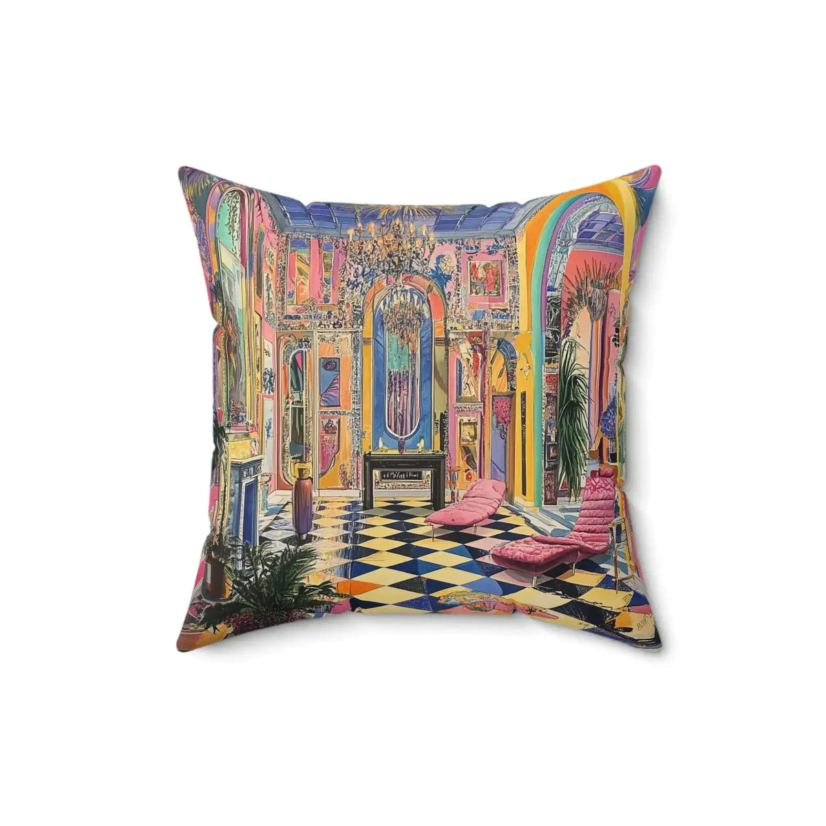 Harlequin Hype Checkered Floor Throw Pillow smaller front view with baroque hall checkered floor pink lounger and arched ceiling